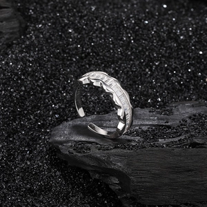 Elegant S925 sterling silver open ring with rectangular zircon stones and wavy design