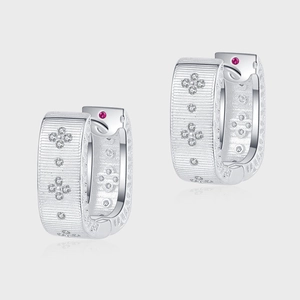 925 Sterling Silver Brushed Geometric Four-Leaf Flower Hoop Earrings For Women Vintage Royal Rhinestone Ear Buckle Jewelry