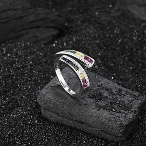 Rainbow S925 sterling silver open ring with multi-color zircon stones on black charcoal