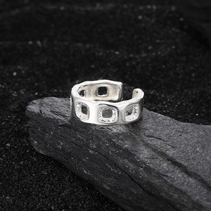 Adjustable S925 sterling silver open ring with industrial square cutouts and rock texture