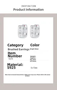 Detailed specs of S925 silver four-leaf clover earrings with brushed finish and dimensions
