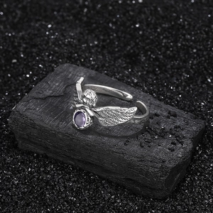 Vintage S925 silver angel ring with purple zircon stone and adjustable open band
