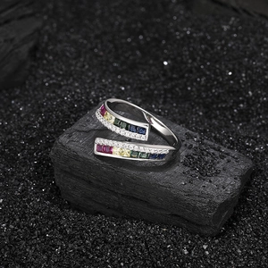 Adjustable S925 silver rainbow ring with colorful square-cut stones and cubic zirconia