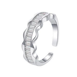 S925 sterling silver open ring with baguette cut cubic zirconia and wavy band