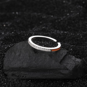S925 sterling silver open ring with orange enamel and cubic zirconia stones