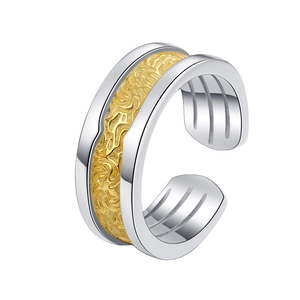 S925 sterling silver open ring with gold relief wave pattern and dual-tone finish