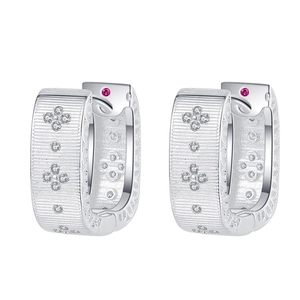 Vintage S925 sterling silver geometric hoop earrings with brushed finish and ruby stone