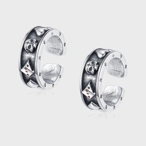 Vintage Punk 925 Sterling Silver Skull Dice Poker Pattern Stud Earrings Retro Gothic Heart Ear Clip Unisex Fashion Jewelry