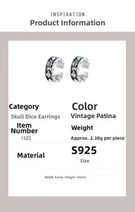 Detail specifications of S925 silver skull earrings with size and weight metrics
