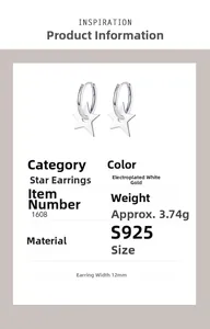 Detailed specs of S925 sterling silver star hoop earrings with 12mm width and 3.74g weight