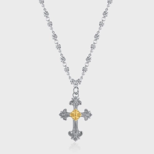 925 Sterling Silver Carved Cross Pendant Necklace Gothic Two Tone Wave Pattern Sweater Chain For Women Fashion Jewelry