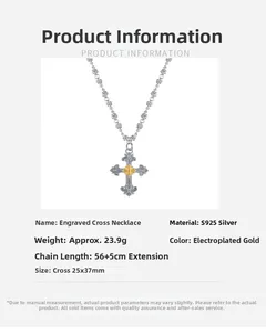 Detailed specs of S925 sterling silver carved cross necklace with gold and silver dual tones