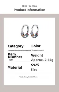 Macro detail of S925 silver rainbow hoop earring with colorful zircons and retro finish