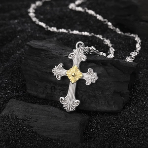 Gothic S925 sterling silver cross pendant necklace with gold floral relief detail