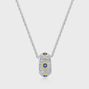 925 Sterling Silver Retro Chinese Style Pendant Necklace For Women Elegant Gold Contrast Round Tube Blue Rhinestone Necklace