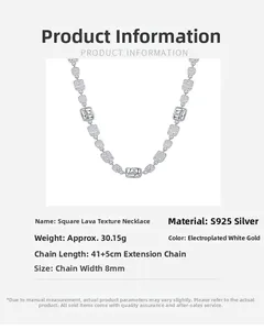 Detailed close-up of S925 sterling silver square links with lava texture and 8mm width