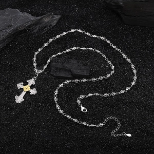 Gothic S925 silver cross necklace with wave patterns and gold floral accent
