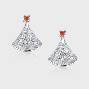 925 Sterling Silver Fan Shaped Relief Stud Earrings With Red Rhinestone Vintage Chinese Style Elegant Jewelry For Women