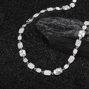 S925 sterling silver square chain necklace with hammered texture on black stone surface