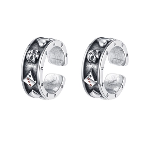 S925 sterling silver punk earrings with skull and red dice motifs in vintage finish