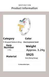 Detail showing S925 silver double T ring with colorful zircon and vintage patterns