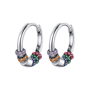925 Sterling Silver rainbow hoop earrings with colorful zircon stones on white background