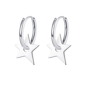 Minimalist S925 sterling silver hoop earrings with polished star pendants on white background