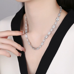 S925 sterling silver chain necklace with hammered texture and pavé zircon links for women