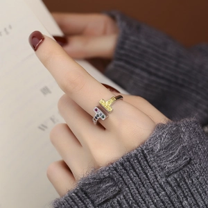 Sterling silver double T ring with bicolor design and colorful zircon inlay details