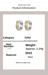 Macro shot of S925 silver hoop earrings with two-tone gold pattern and sizing details