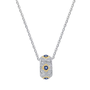 S925 silver cylinder necklace with engraved texture and blue gemstone in gold frame