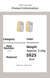 Detailed size and material specs for S925 silver clover earrings with brushed gold finish