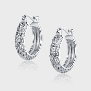 925 Sterling Silver Tang Grass Relief Hoop Earrings For Women Retro Chinese Style Engraved Floral Texture Jewelry Accessory