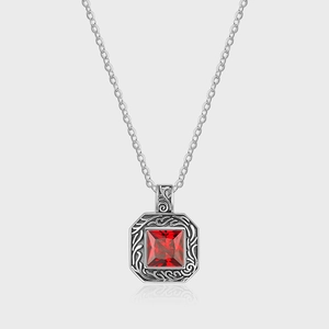 Vintage Pendant Necklace With Square Red Gemstone 925 Sterling Silver Retro Carved Octagonal Hip Hop Style For Women
