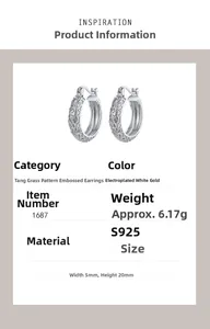 Detail of S925 silver earrings with embossed vine pattern and 20x5mm dimension specs
