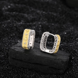 Two-tone S925 sterling silver square clover hoop earrings with brushed gold finish