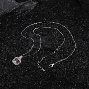 Vintage S925 silver square ruby pendant necklace with detailed floral engravings