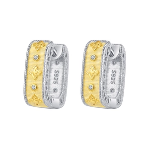 S925 silver four-leaf clover hoop earrings with gold-tone brushed finish and tiny diamonds