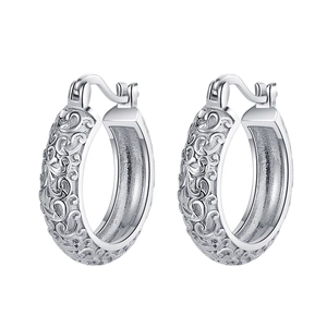 S925 sterling silver hoop earrings with vintage relief floral pattern in silver finish