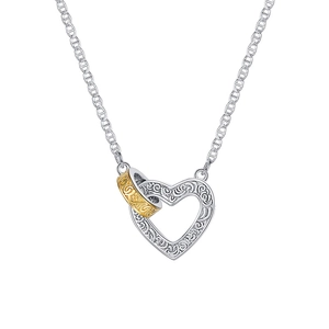 Vintage S925 silver two-tone heart pendant necklace with intricate floral engravings