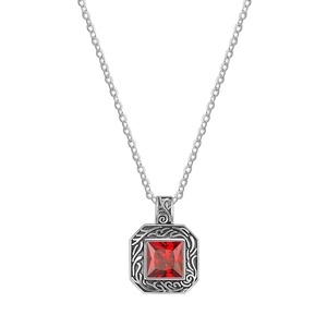 Retro S925 sterling silver necklace with square ruby pendant and intricate carvings