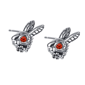 Retro s925 silver rabbit stud earrings with ruby eyes and floral vintage relief
