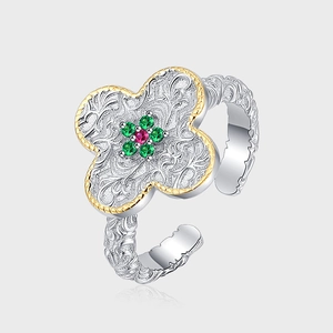 925 Sterlingsilber Relief Tang Gras Kleeblatt Ring Für Damen Zwei Töne Gold Vintage Strass Verstellbare Offene Finger Schmuck