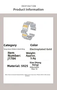 Detailed specs of S925 silver two-tone arabesque ring with adjustable size and weight