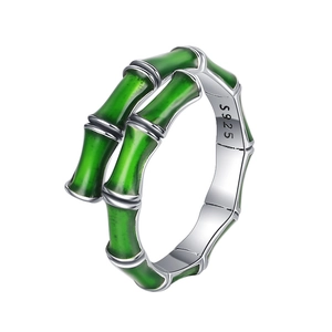S925 sterling silver bamboo joint open ring with green enamel finish in elegant style