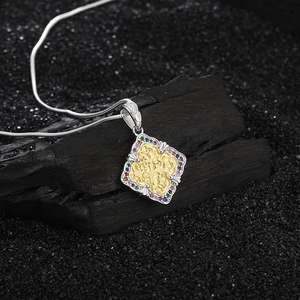Vintage S925 silver necklace with rainbow zircon and gold floral engraved diamond pendant