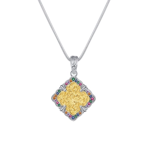 S925 Sterling Silver Rainbow Zircon Pendant Necklace with Vintage Arabesque Engraving