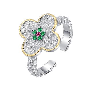 925 Sterling Silber Kleeblatt Ring mit Retro-Gravur und grünen Edelsteinen verziert