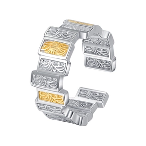 S925 silver two-tone adjustable ring with vintage engraved patterns and elegant open design