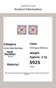 Detailed view of S925 silver cross studs with colorful stones and vintage finish